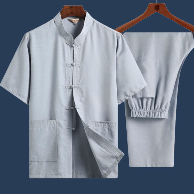 2Pcs Frog-Button Fu Character Dragon Bamboo Leaf Short Sleeve Shirt Pants Men's Set - Image 14