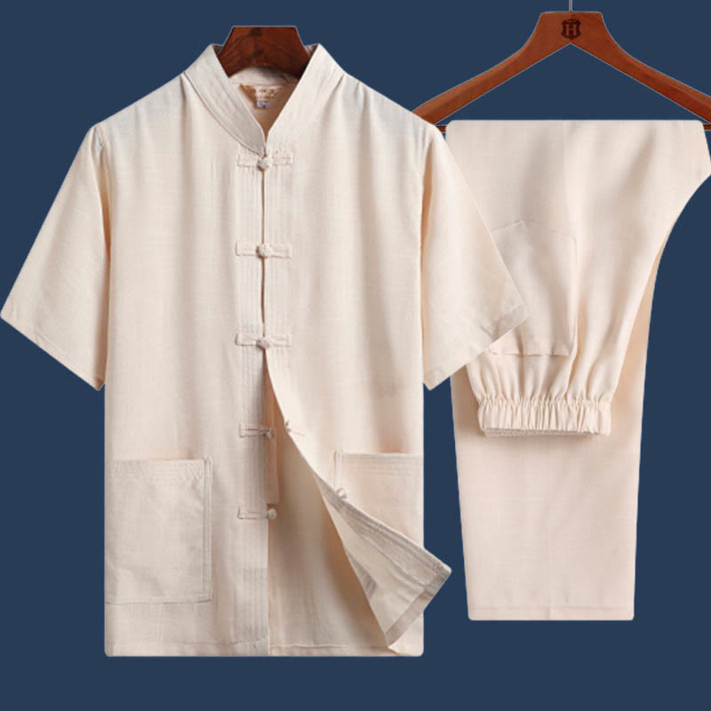 2Pcs Frog-Button Fu Character Dragon Bamboo Leaf Short Sleeve Shirt Pants Men's Set - Image 15