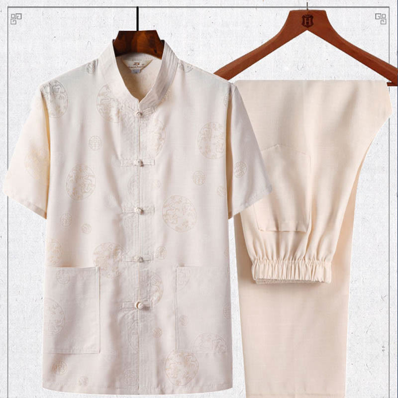 2Pcs Frog-Button Fu Character Dragon Bamboo Leaf Short Sleeve Shirt Pants Men's Set - Image 5