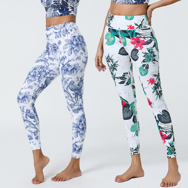 Flowers Leaves Dandelions Pineapples Print Sports Fitness High Waist Leggings Women's Yoga Pants