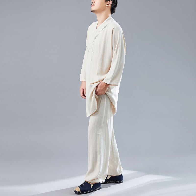 2Pcs V-Neck Men's Long Sleeve Shirt Top Pants Meditation Zen Tai Chi Cotton Linen Clothing Set - Image 14