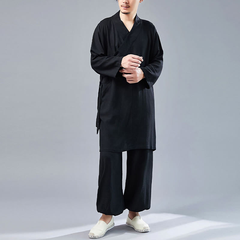 2Pcs V-Neck Men's Long Sleeve Shirt Top Pants Meditation Zen Tai Chi Cotton Linen Clothing Set - Image 23