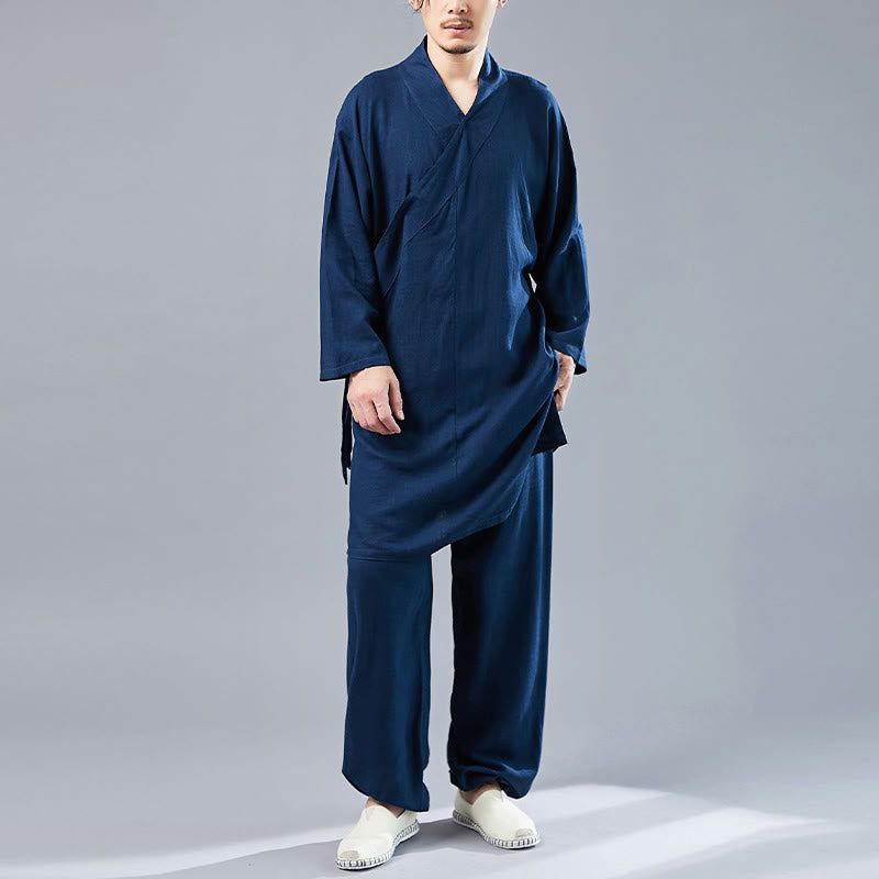 2Pcs V-Neck Men's Long Sleeve Shirt Top Pants Meditation Zen Tai Chi Cotton Linen Clothing Set - Image 32