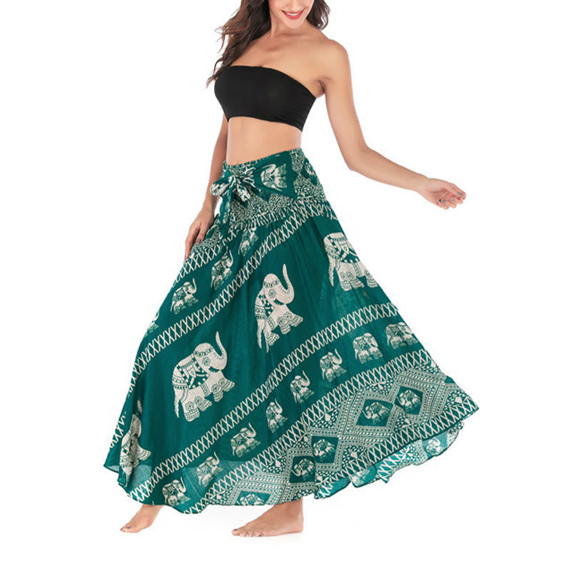 Two Style Wear Bohemian Summer Elephant Lines Lace-up Skirt Dress - Image 3