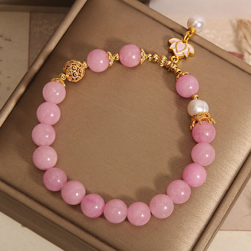 Pink Quartzite Pearl Lotus Charm Harmony Bracelet - Image 5