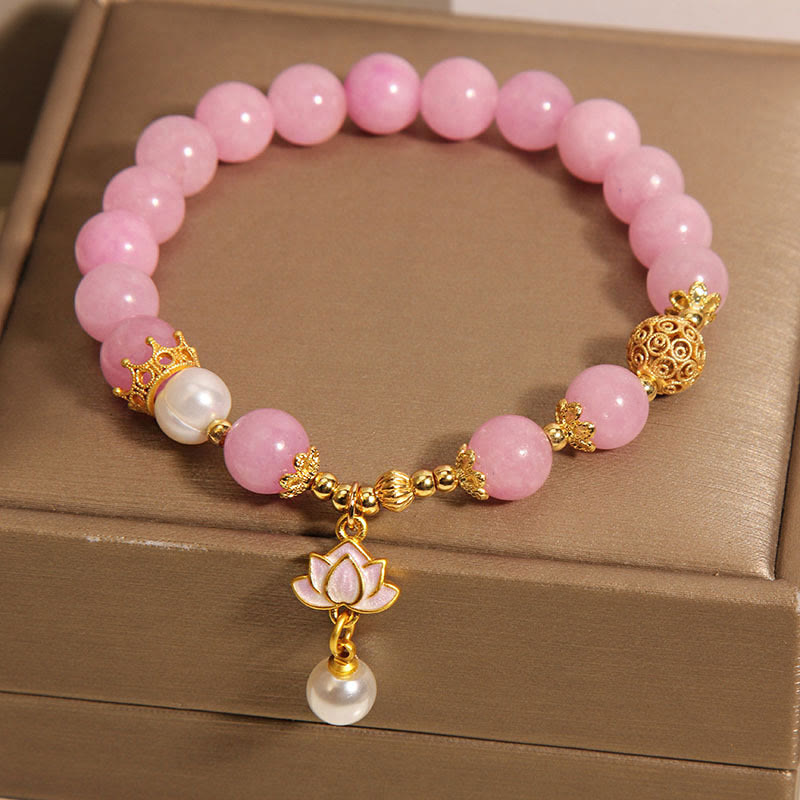 Pink Quartzite Pearl Lotus Charm Harmony Bracelet - Image 4