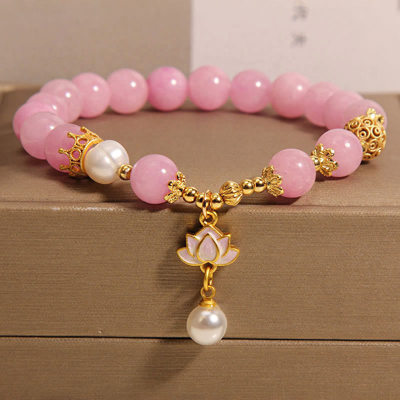 Pink Quartzite Pearl Lotus Charm Harmony Bracelet