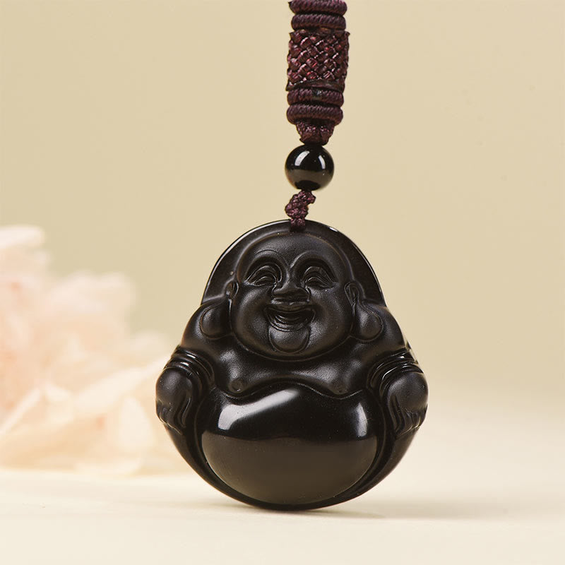Natural Black Obsidian Ice Obsidian Laughing Buddha Purification Necklace Pendant - Image 9