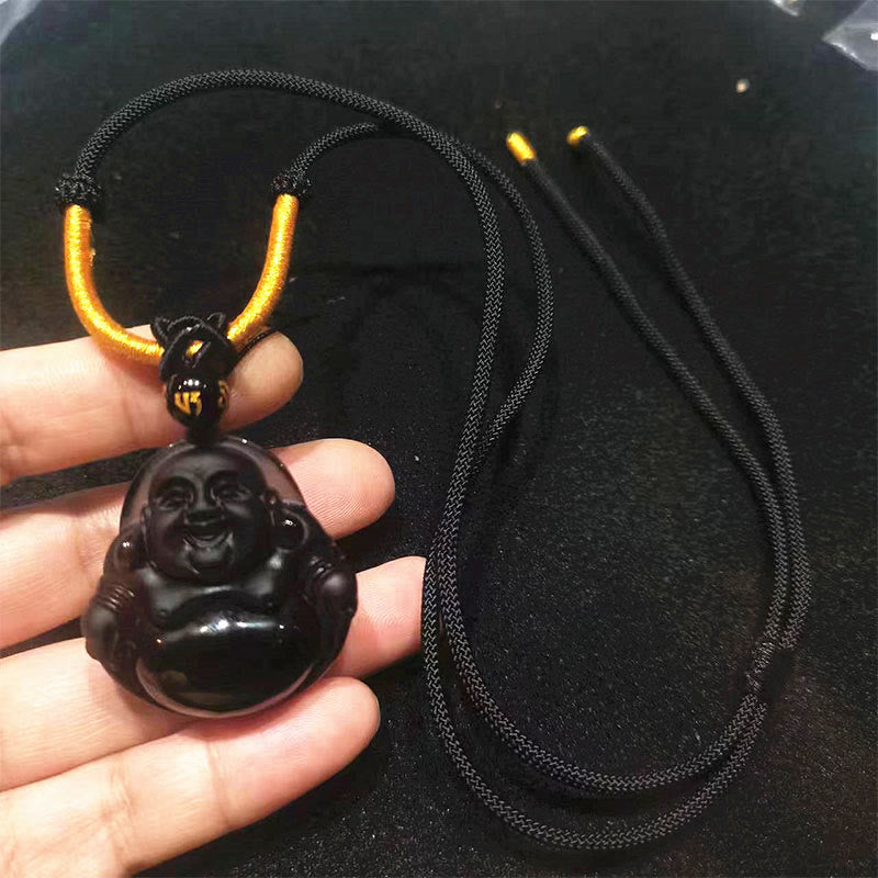 Natural Black Obsidian Ice Obsidian Laughing Buddha Purification Necklace Pendant - Image 7