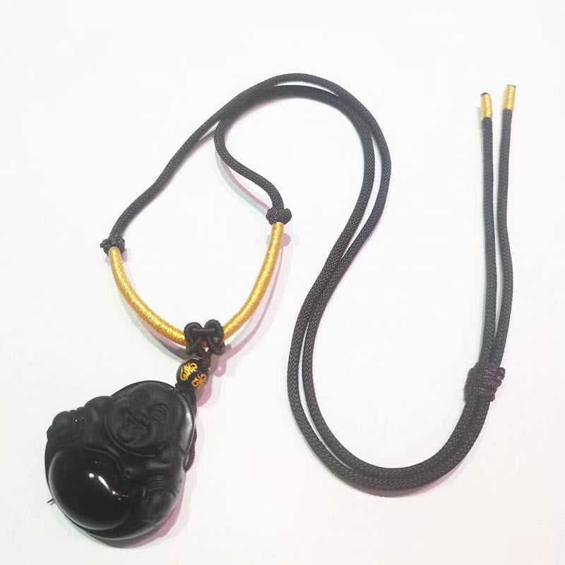 Natural Black Obsidian Ice Obsidian Laughing Buddha Purification Necklace Pendant - Image 18