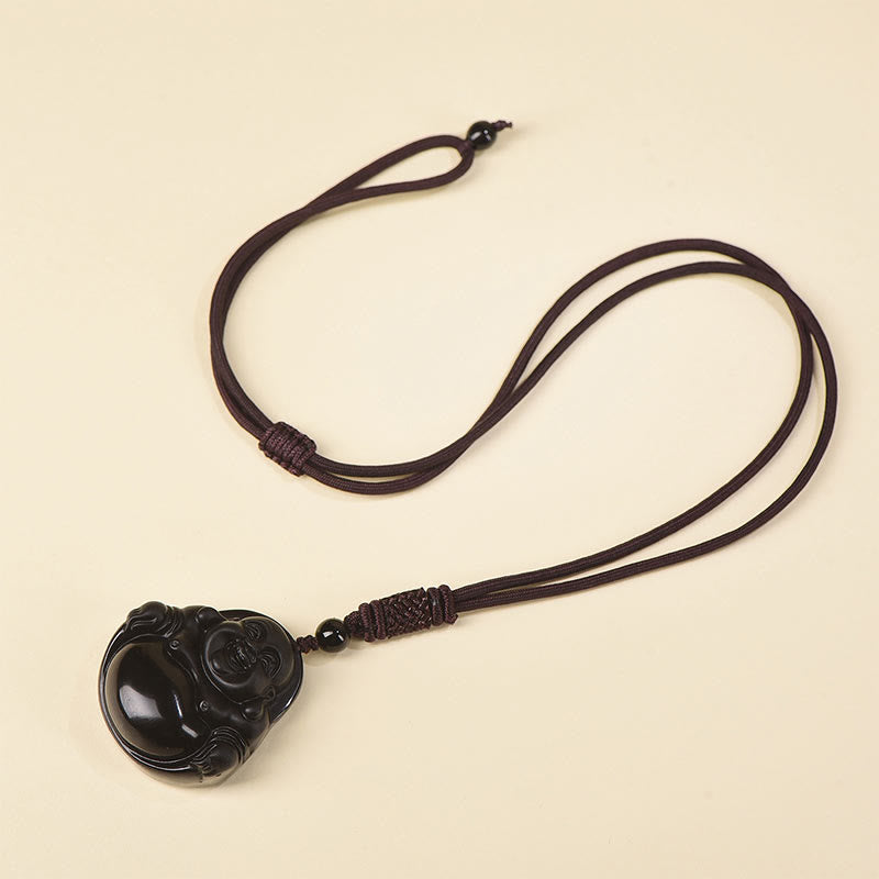 Natural Black Obsidian Ice Obsidian Laughing Buddha Purification Necklace Pendant - Image 11