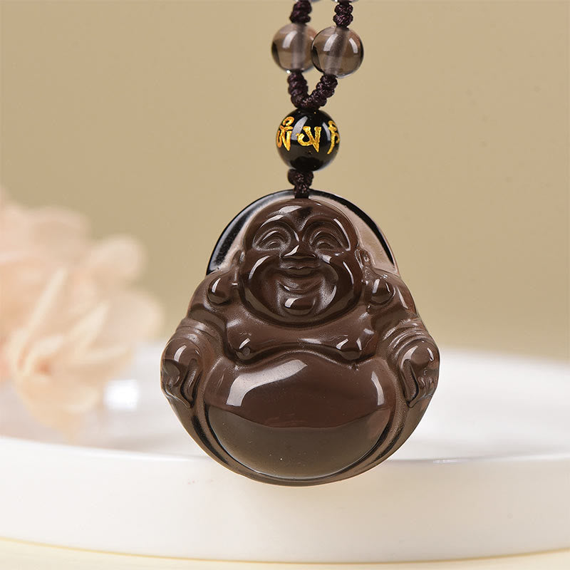 Natural Black Obsidian Ice Obsidian Laughing Buddha Purification Necklace Pendant - Image 4