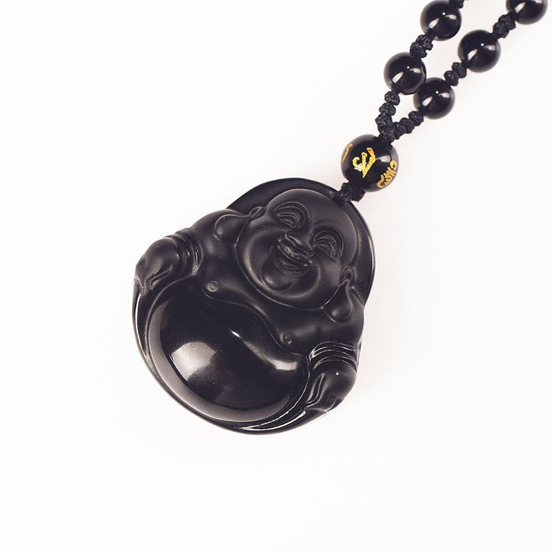 Natural Black Obsidian Ice Obsidian Laughing Buddha Purification Necklace Pendant - Image 16