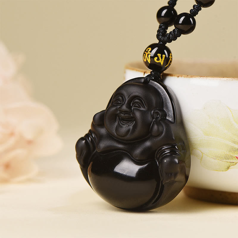 Natural Black Obsidian Ice Obsidian Laughing Buddha Purification Necklace Pendant - Image 14