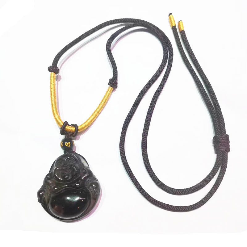 Natural Black Obsidian Ice Obsidian Laughing Buddha Purification Necklace Pendant - Image 8
