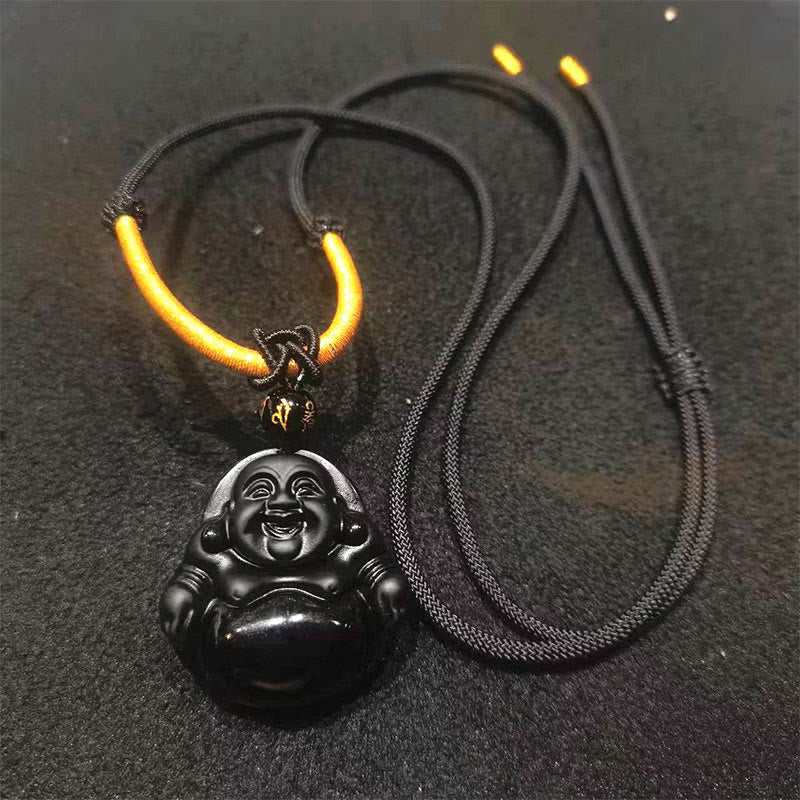 Natural Black Obsidian Ice Obsidian Laughing Buddha Purification Necklace Pendant - Image 17