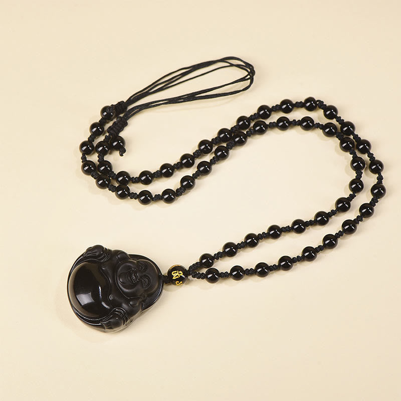 Natural Black Obsidian Ice Obsidian Laughing Buddha Purification Necklace Pendant - Image 12