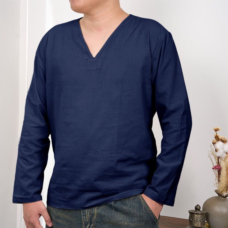 Solid Color V-Neck Long Sleeve Cotton Linen Men's T-shirt