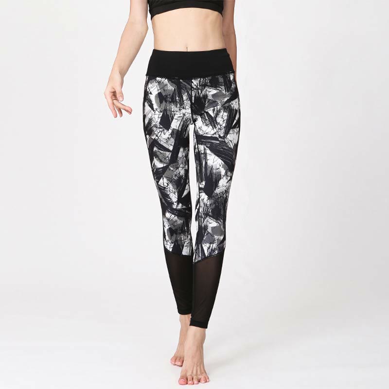 White Black Ink Brush Lines Print Sports Fitness Mesh Leggings Women's Yoga Pants