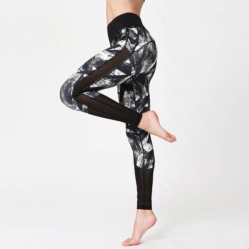White Black Ink Brush Lines Print Sports Fitness Mesh Leggings Women's Yoga Pants - Image 4