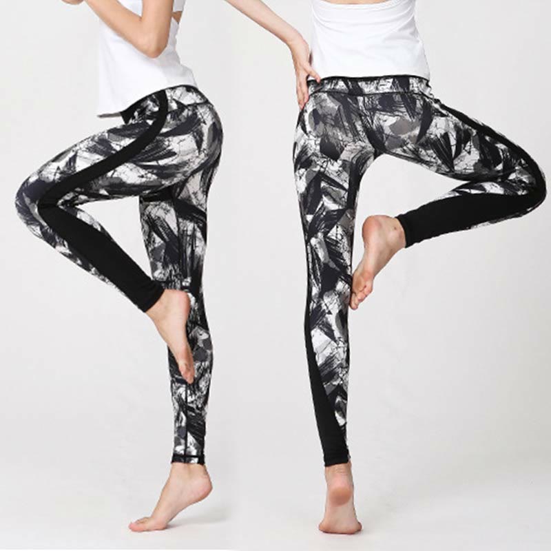 White Black Ink Brush Lines Print Sports Fitness Mesh Leggings Women's Yoga Pants - Image 7