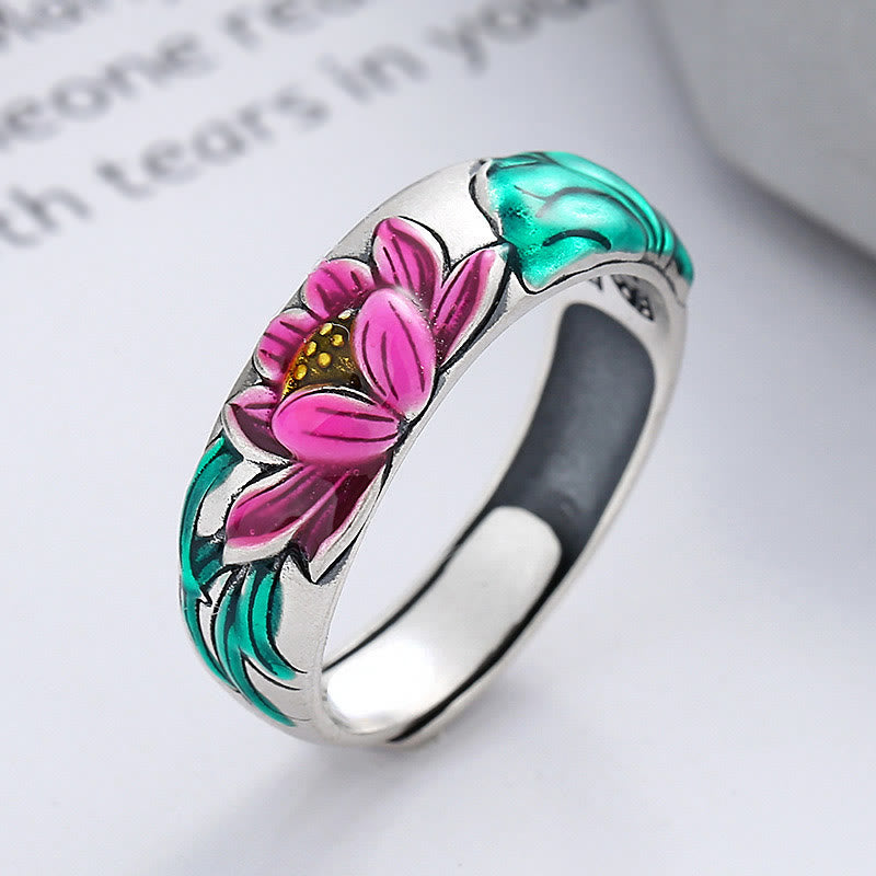 925 Sterling Silver Lotus Flower Heart Sutra Enlightenment Ring