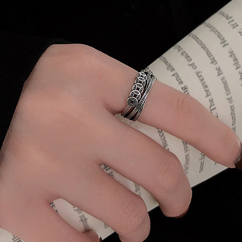 925 Sterling Silver Copper Coins Wealth Blessing Adjustable Ring - Image 10