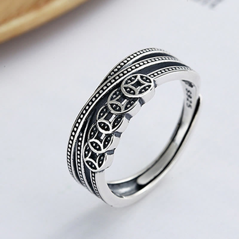 925 Sterling Silver Copper Coins Wealth Blessing Adjustable Ring - Image 4