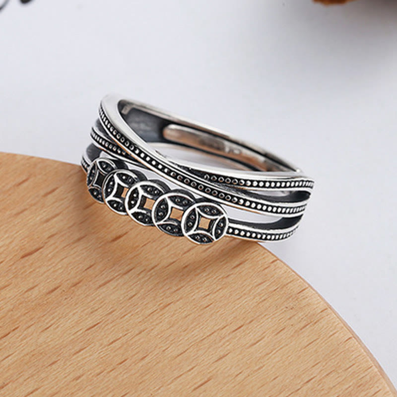 925 Sterling Silver Copper Coins Wealth Blessing Adjustable Ring - Image 3