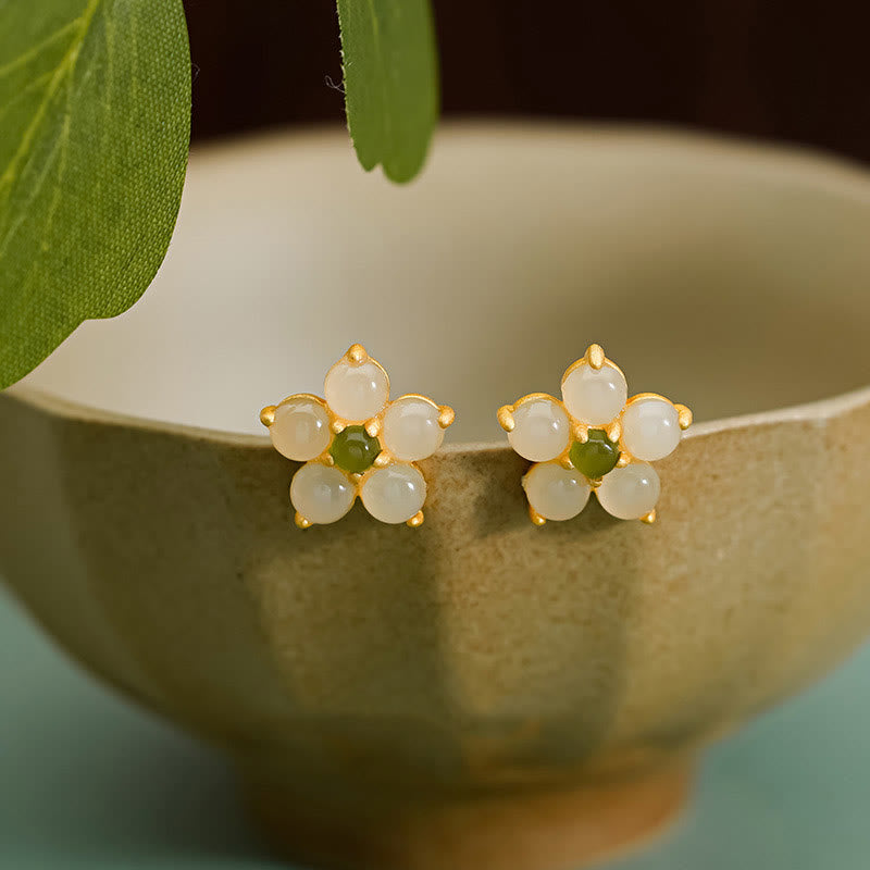 925 Sterling Silver Hetian Jade Luck Flower Stud Earrings