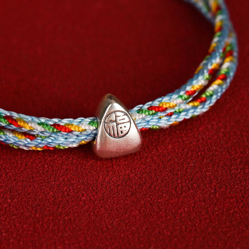 925 Sterling Silver Fu Character Luck Multicolored Rope Bracelet - Image 3