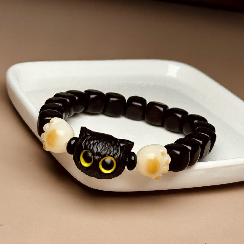 Ebony Wood Cute Cat Bodhi Seed Paw Claw Peace Bracelet