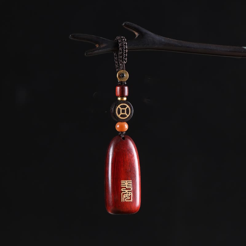 Small Leaf Red Sandalwood Ebony Wood Peace Auspicious Copper Coin Protection Key Chain