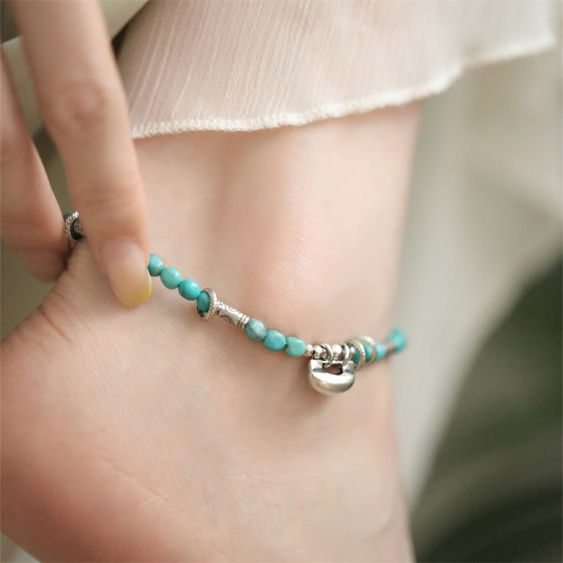 925 Sterling Silver Turquoise Small Beads Chinese Lock Charm Strength Anklet