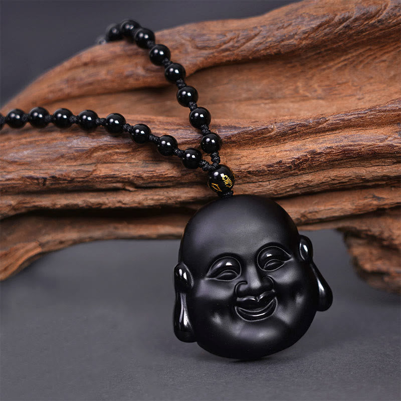 Natural Black Obsidian Laughing Buddha Purification Necklace Pendant