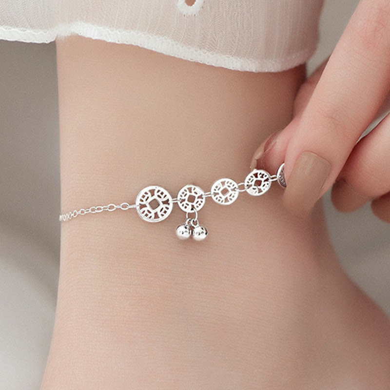 925 Sterling Silver Copper Coins Bells Protection Metal Anklet