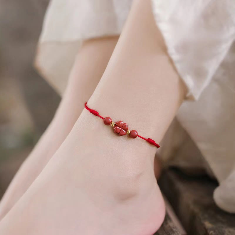 Cinnabar Four Leaf Clover Blessing String Rope Anklet