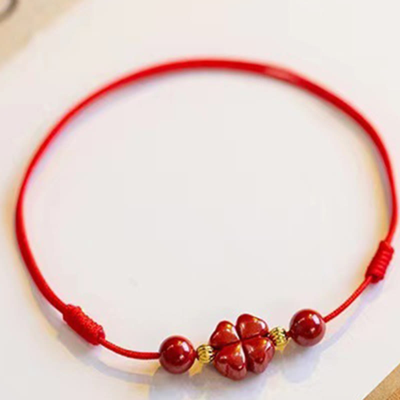 Cinnabar Four Leaf Clover Blessing String Rope Anklet - Image 3