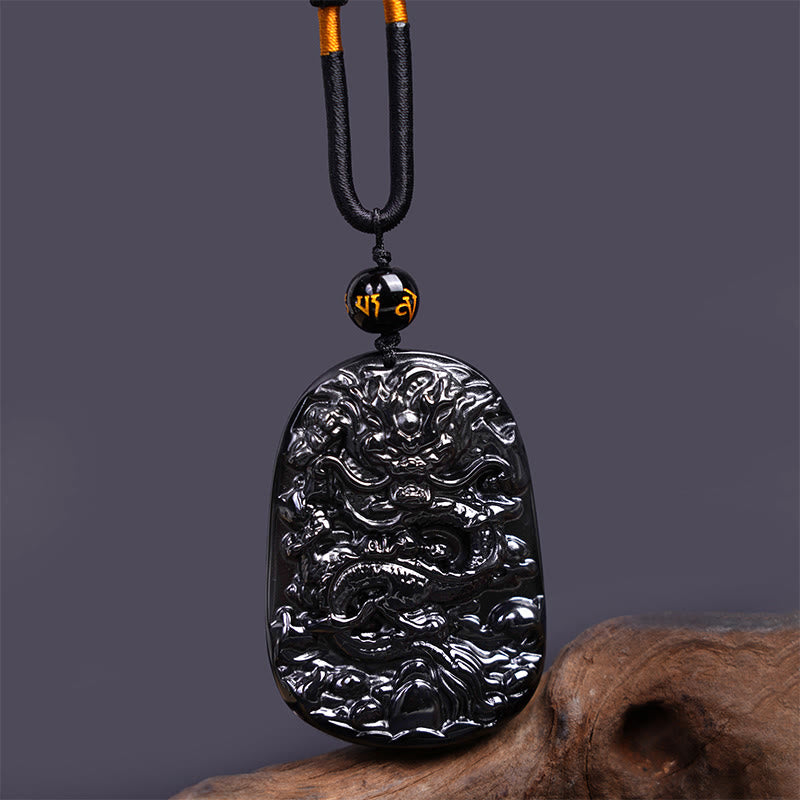 Black Obsidian Dragon Carved Luck Protection Necklace Pendant