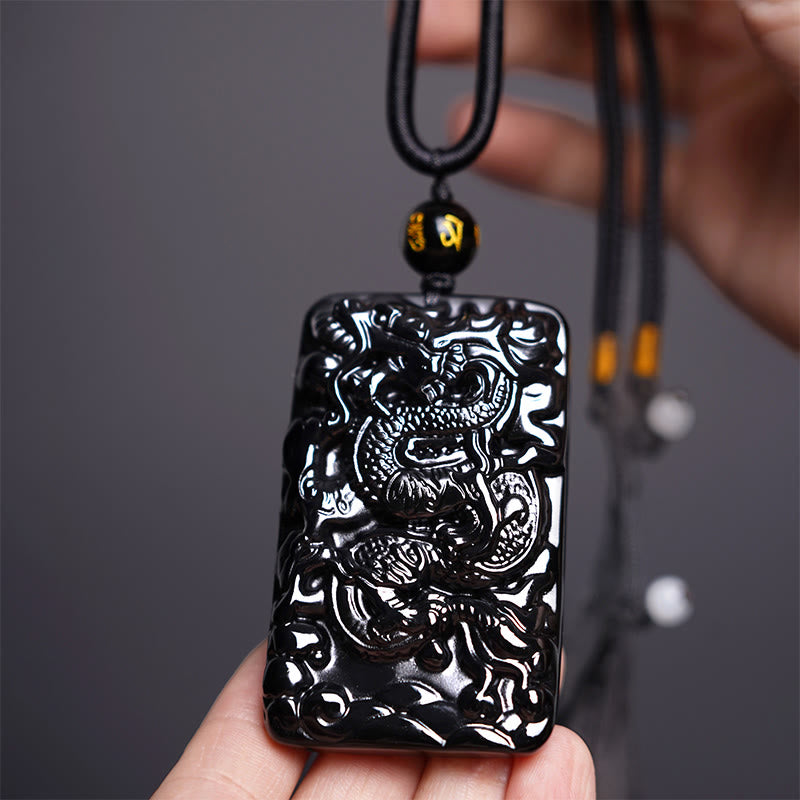 Natural Black Obsidian Rectangular Dragon Engraved Success Necklace Pendant