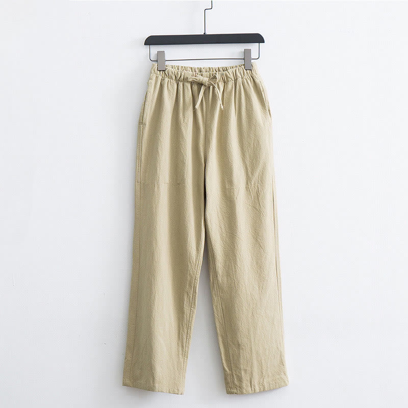 Men's Solid Color Cotton Linen Casual Drawstring Pants With Pockets