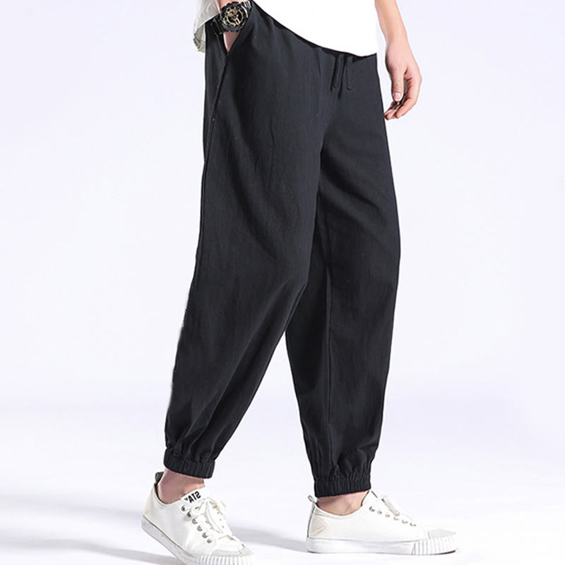 Solid Color Cotton Linen Casual Men's Harem Pants With Pockets