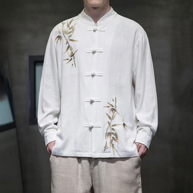Chinese Frog-Button Tang Suit Bamboo Leaves Long Sleeve Shirt Cotton Linen Men's Jacket