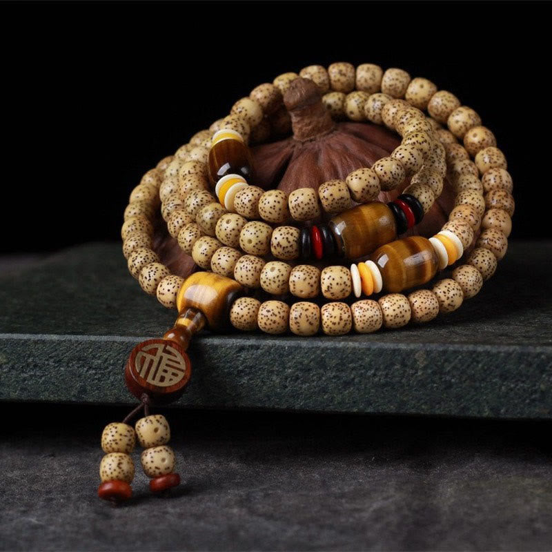 108 Mala Beads Bodhi Seed Tiger's Eye Fu Character Peace Bracelet