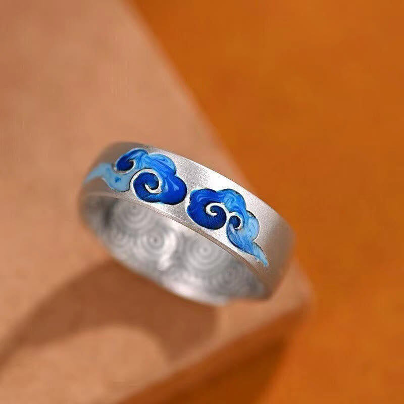 Blue Auspicious Clouds Pattern Wealth Copper Adjustable Ring