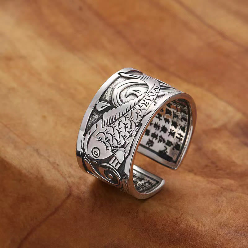 Koi Fish Heart Sutra Carved Design Luck Wealth Ring