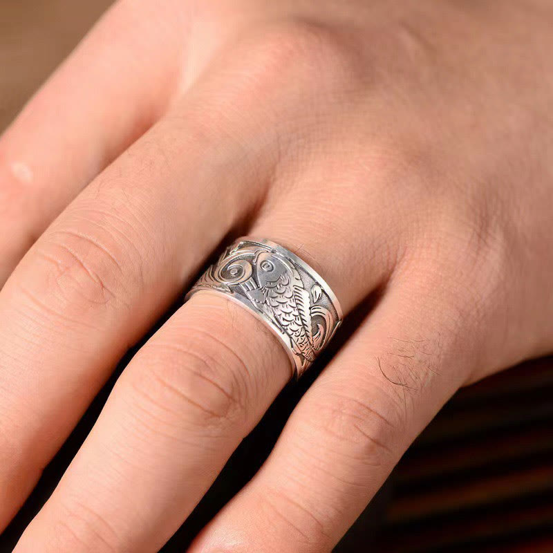 Koi Fish Heart Sutra Carved Design Luck Wealth Ring - Image 7