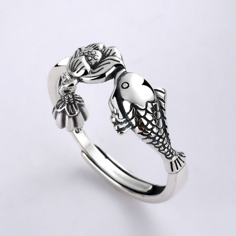 925 Sterling Silver Koi Fish Lotus Flower Success Ring