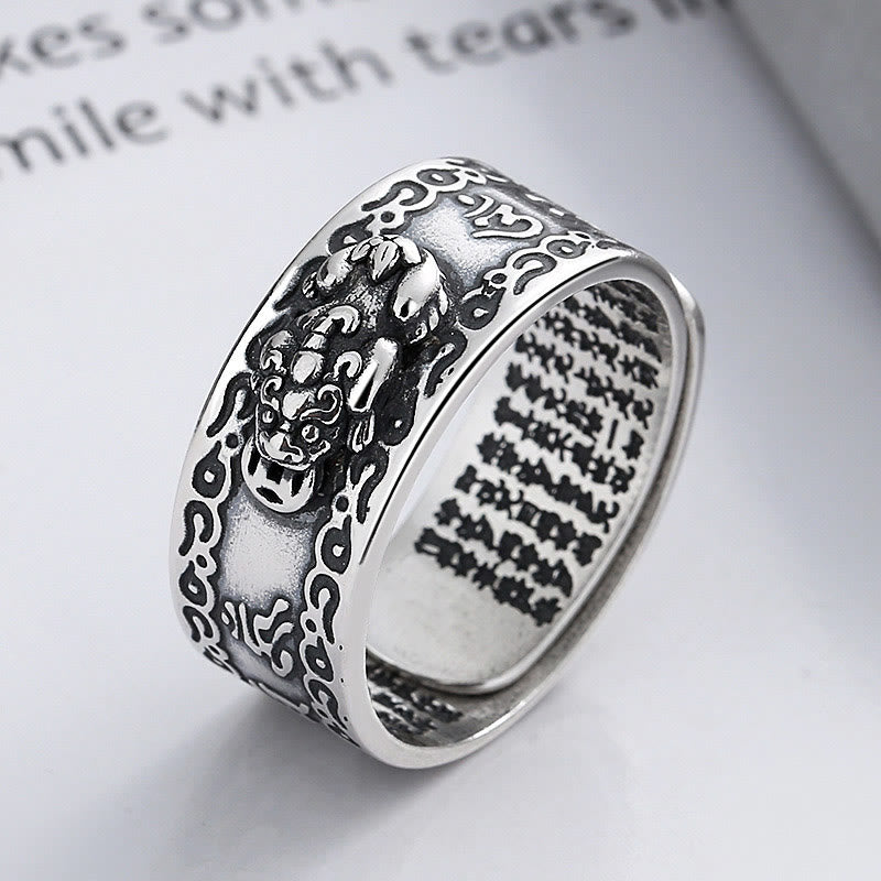 925 Sterling Silver PiXiu Scripture Carved Wealth Adjustable Ring