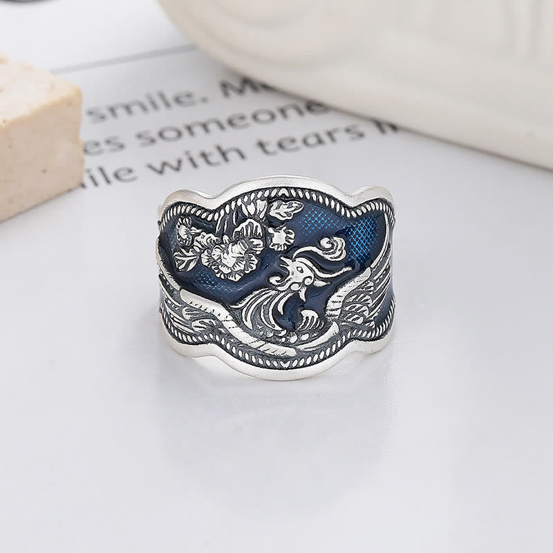 925 Sterling Silver Phoenix Peony Flowers Carved Luck Adjustable Ring